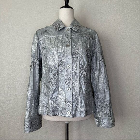 Chico’s Silver Metallic Embroidered Button Down Shacket Jacket - Picture 1 of 13